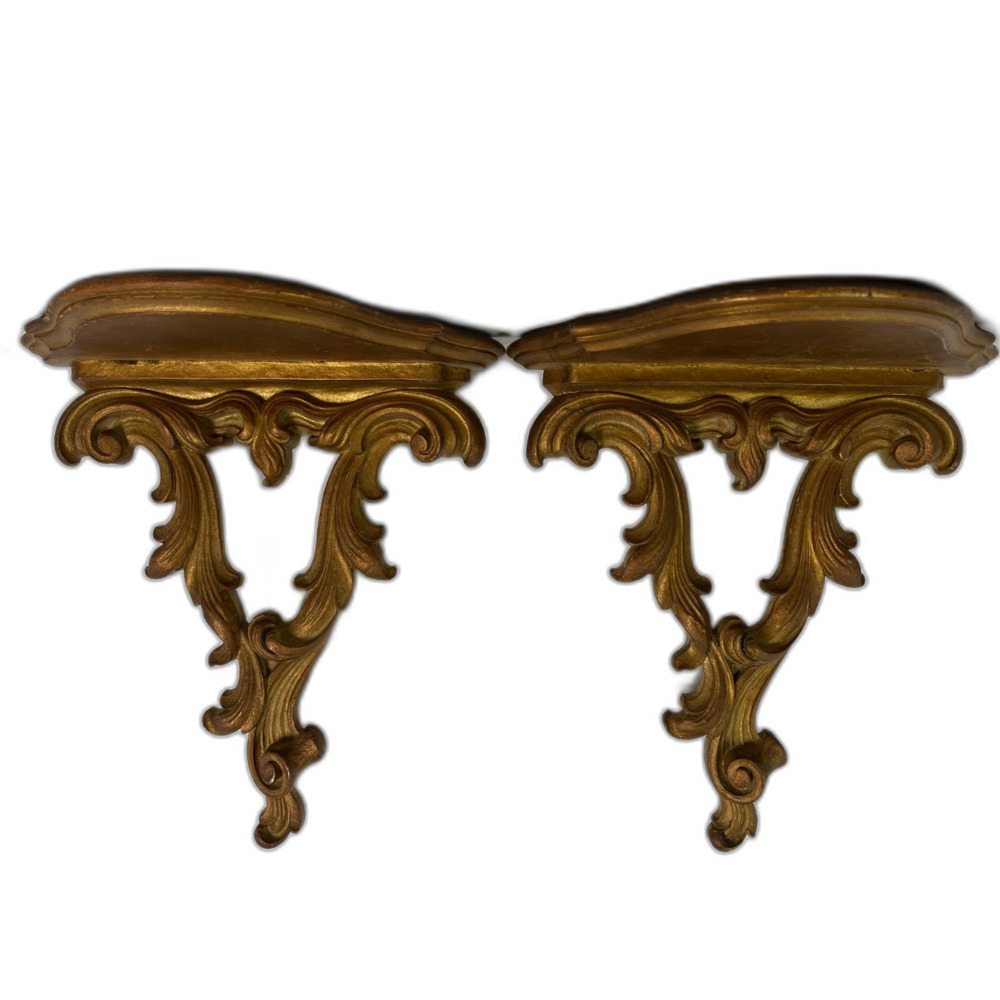 Vintage Syroco Wood Gold Wall Sconce Shelves Pair Rococo Hollywood Regency